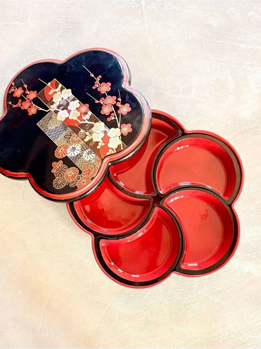 Vtg 1970s Japanese Lacquerware Hanami Bento Box 5 Compartmnt Cherry Blossom Tray
